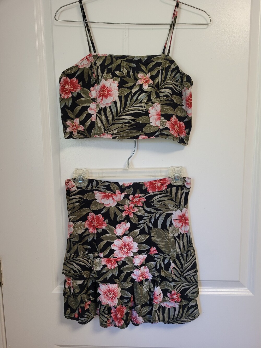 American Eagle Floral Two-Piece Crop Top & Skirt Set - Black, Pink & Green